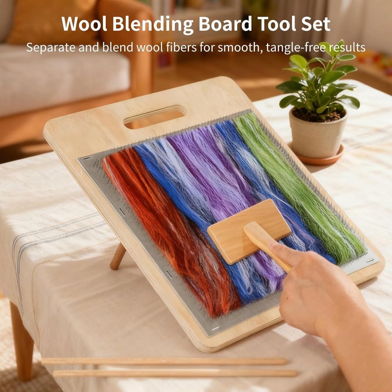 Varku 5 PCS Wool Blending Board Set, Yarn Carding Board with Bent Steel Needles, 2 Sizes Wooden Carding Brushes, 2 Wooden Sticks, Felted Wool Carder for DIY Projects, Wool Comb for Mixing - Image 2